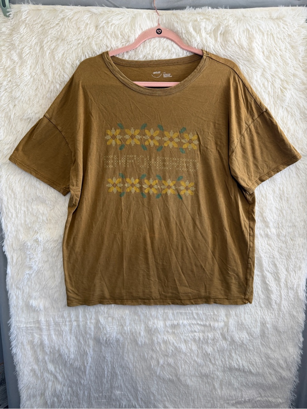 Aerie Womens Oversized Retro "Empowered" Floral Graphic T-Shirt L Cotton READ
